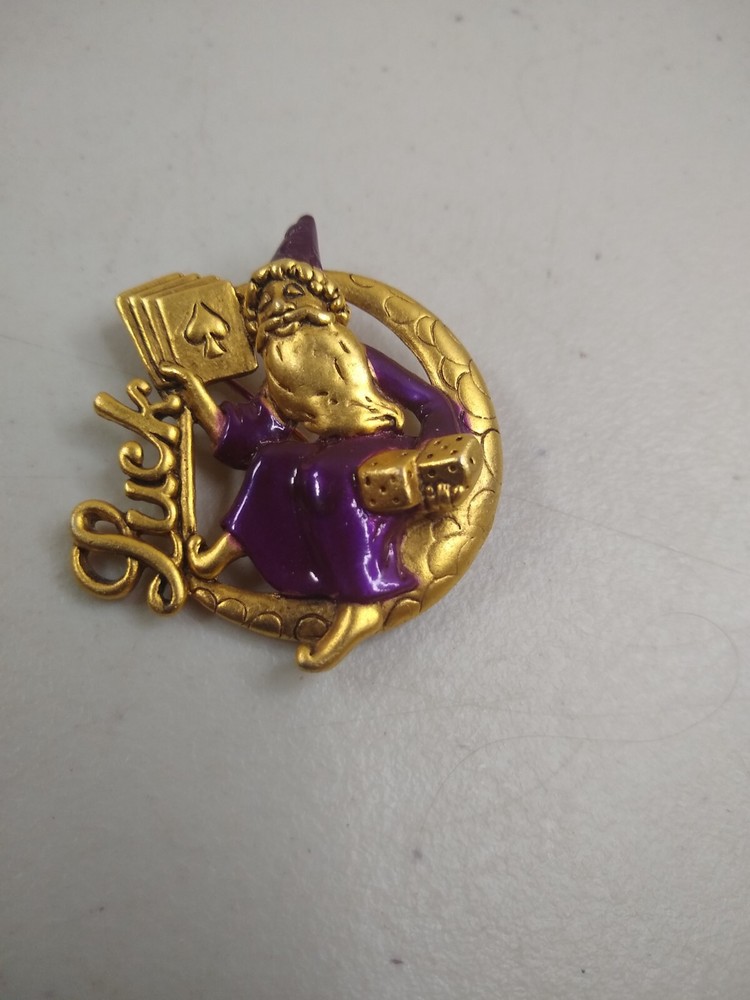Danecraft Merlin Wizard Luck Cards Dice Goldtone Pin Costume Jewelry