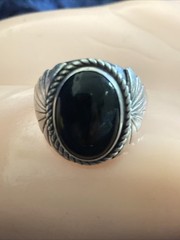 Vintage Navajo Sterling Silver Oval Cabochon Onyx Ring Size 11.25 Signed B