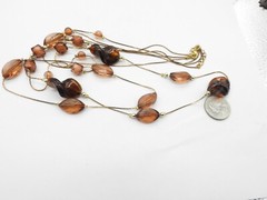 Triple Gold Tone Metal Chain Brown Glass Acrylic Beaded Necklace Vintage