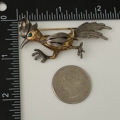 Vintage Road Runner Bird Brooch Pin Silver & Gold Tone Green Eyed