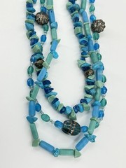 Natural Green Blue Stone Necklace Glass Triple Strand Silver Tone