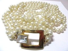 MULTI-STRAND DESIGNER STYLE LONG SIMULATED PEARL FANCY CLASP W CRYSTAL BUCKLE