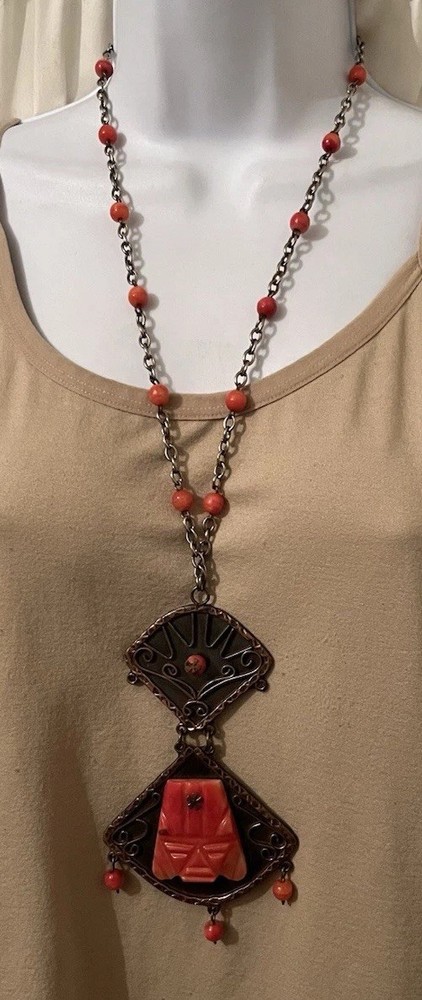 Vtg Mixed Metal Brutalist Onyx Aztec Mayan Signed Casa Luna Pendant Necklace