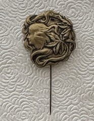 Vintage Art Nouveau style Lady Face Stick Pin brass tone metal