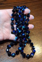 Vintage Black Faceted Glass Bead Strand Necklace 40″ 10mm AB See Pics/Descrip