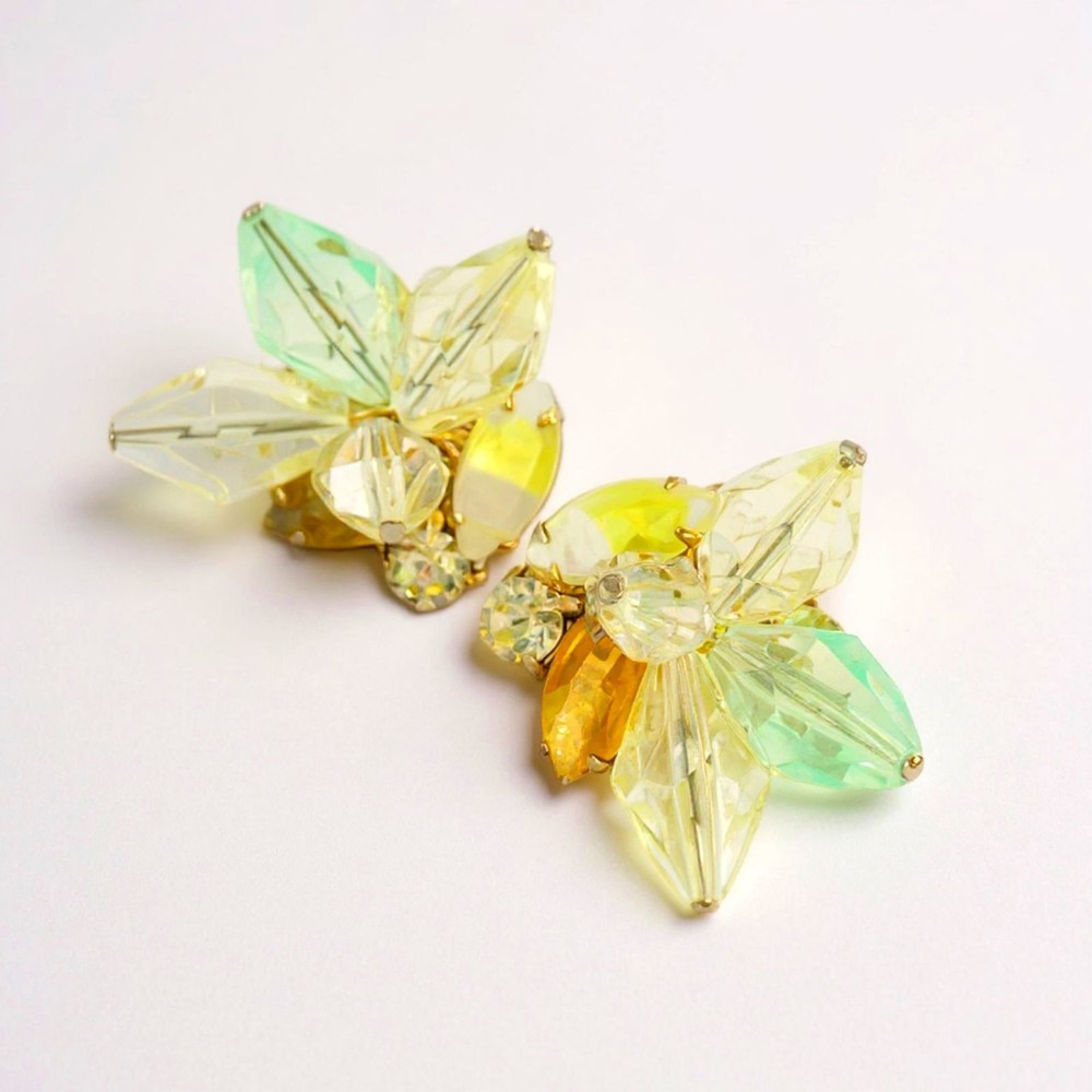Juliana style givre rhinestone floral earrings yellow green Pastel Garden Party