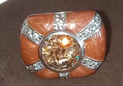 Ring 18kt gold plate, bezel set amber glass and cz ring, size 6