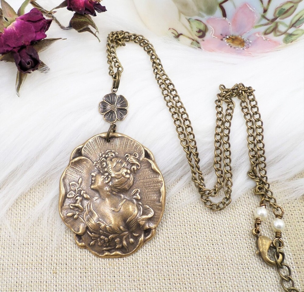 Brass Cameo Maiden Necklace, Art Nouveau Romantic Handmade Victorian Jewelry