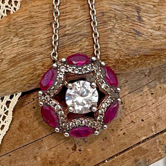 Vintage 925 Sterling Silver Red & White CZ Floating Pendant Necklace, 18″