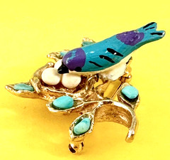 Signed Swoboda Blue Bird on Nest & Turquoise Stones Brooch Vintage