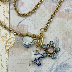 Vintage Charm Trio, Vtg Gold Plated Chain Necklace, Faux Opal, Coffee Cup, Bird