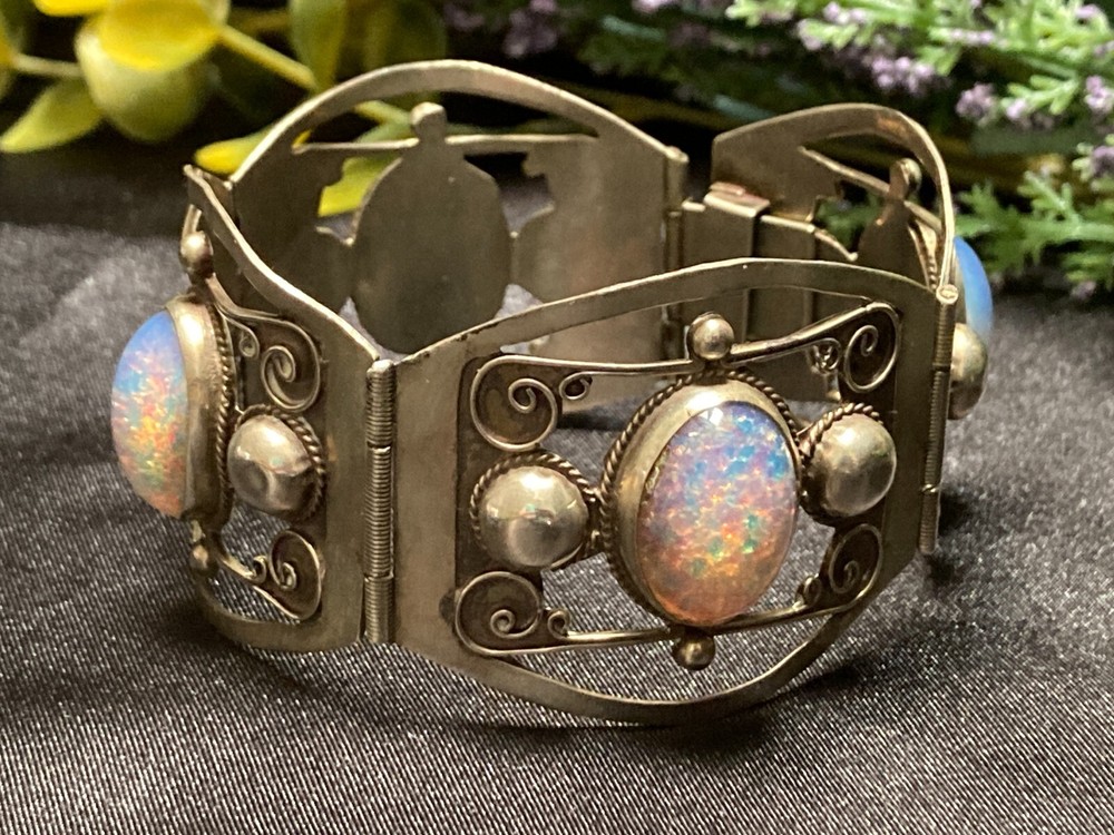 Vintage Taxco Mexico Sterling Silver Faux Fire Opal Link Panel Patina Bracelet