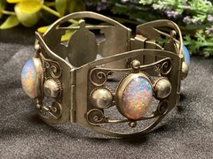 Vintage Taxco Mexico Sterling Silver Faux Fire Opal Link Panel Patina Bracelet