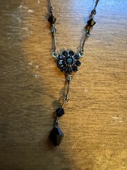 Vintage Black Bead Y Necklace Rhinestone Flower Gothic Revival Pendant