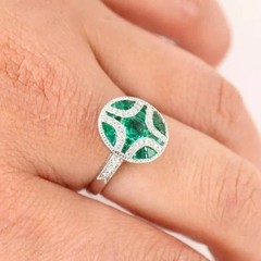 Vintage Style Oval Cut Lab Created Emerald Diamond Engagement 14K Gold FN Rings