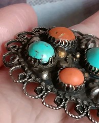 Antique Chinese Brass Turquoise & Coral Oval Brooch