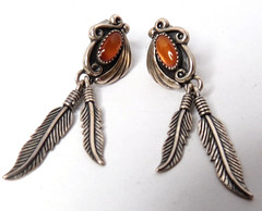 VTG INDIAN NAVAJO WM 925 STERLING SILVER AMBER FEATHER DANGLE EARRINGS 2 1/2″
