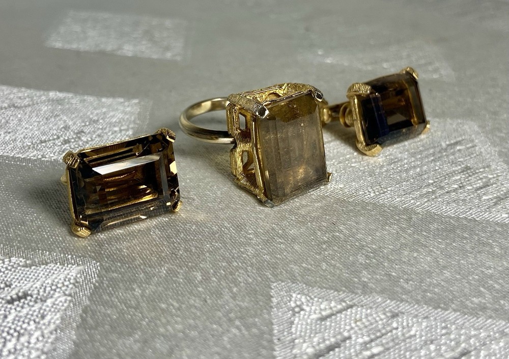 Vintage Bold Marvella Smoky Topaz Glass Ring & Screw Back Earrings Set Gold Tone