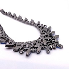 Full Rhinestones Statement Necklace Gunmetal Tone and Blue Orange Purple 18”