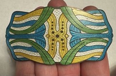 Gorgeous Antique Deco Large Sterling Blue Green White Yellow Enamel C-Clasp Pin