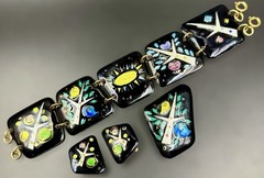 1950s/60s Enamel on Copper 3 Piece Studio Jewelry Set MCM Birds Trees Sunburst