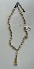 Art Glass Champagne Iridescent Beaded Station Teardrop Y Necklace Vintage 70s