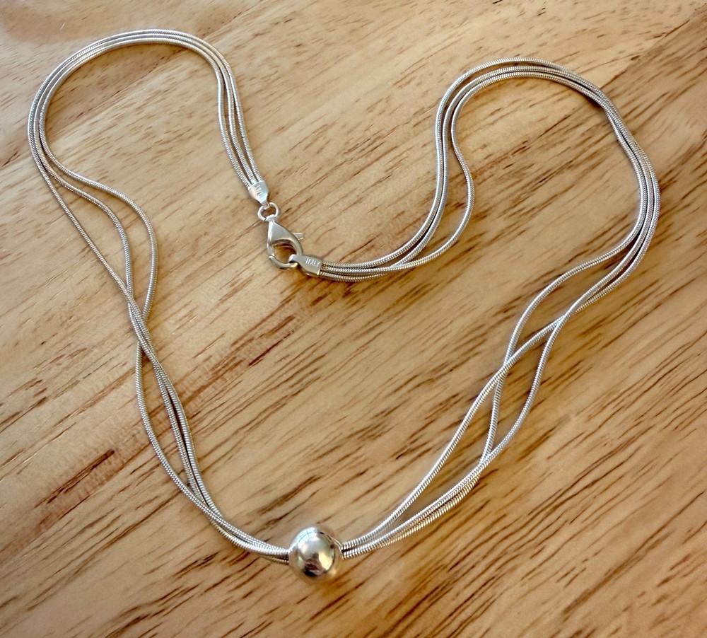 925 Sterling Silver 16″ 3-Strand Snake Chain Necklace Sliding Bead Pendant 11.7G
