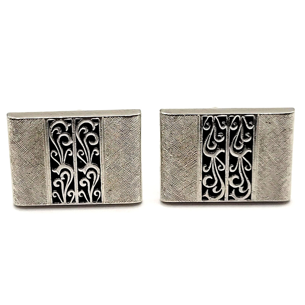 SWANK Vintage 1970 to 80s Silver Tone Textured Finish Filigree Center Cufflinks