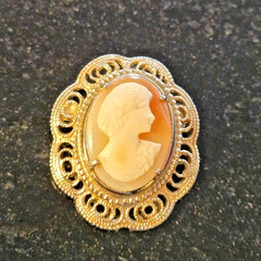 Vintage Cameo Brooch Carved Shell Portrait 1920s Orange White ornate filagree