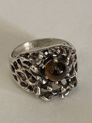 Vintage Men’s Sterling Silver Brutalist Tigers Eye Ring Modern Design Sz. 9.5″