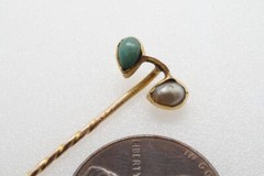 ANTIQUE GEORGIAN 15K GOLD TURQUOISE & PEARL JOINED HEARTS STICKPIN c1800
