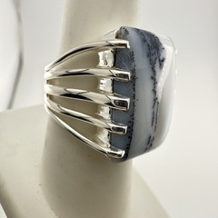 JTV Opal Ring Dendritic Artisan Modernist Sterling Silver sz 8 Cabochon Arya