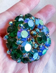 Stunning Vintage Large Emerald Green & Peacock AB Rhinestone Brooch Designer