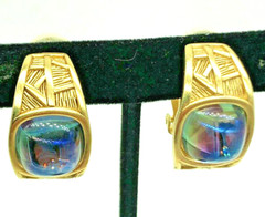 Givenchy Couture Earrings Iridescent Peacock Glass Bamboo Gold Tone Vintage Rare
