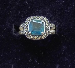 Vtg London Blue Topaz Marcasite Halo Ring sz 7 925 Sterling 4 gm ExcCond Must C
