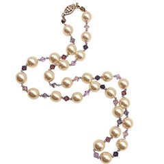 Vintage Purple Crystal Faux Pearl Necklace Beaded Hand Knotted Sterling Silver