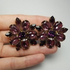 Vintage Dark Purple Rhinestone Cluster Marquise Oval Stones, Flower Shape