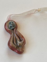 Handmade Green & Iridescent Coral Polymer Clay Mystical Face Pendant w Silk Ribb