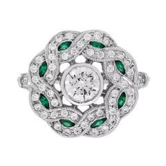 Art Deco Style Lab Created Diamond & Emerald Anniversary 14k White Gold FN Ring