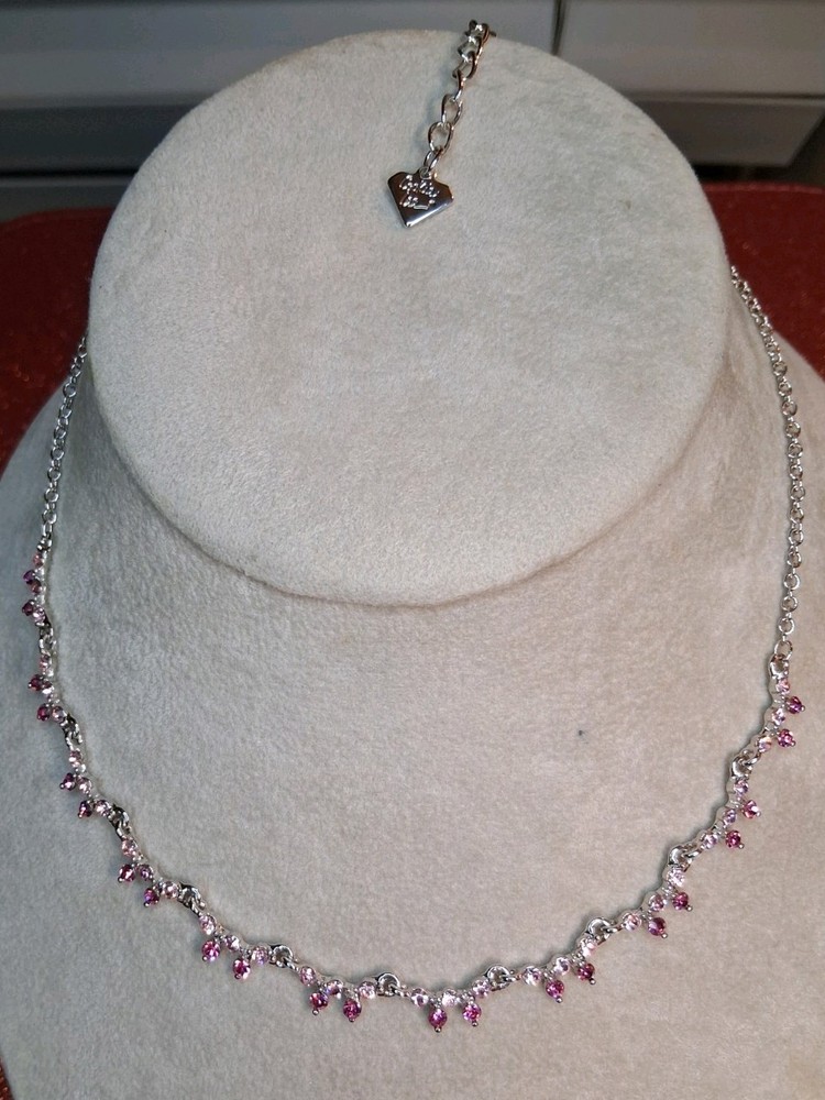Cookie Lee Pink Crystal Tear Drops On Dainty Silver Necklace With Logo & Tags