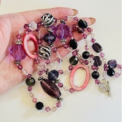 Vtg Necklace 90s Crystal Purple Pink Faceted Beads Mother Of Pearl Beads 40″