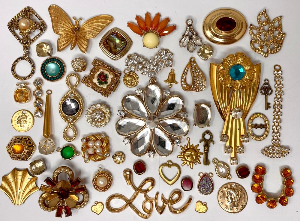 Lot Vintage & Modern Jewelry Parts Broken Repurpose Craft Rhinestones Harvest A2