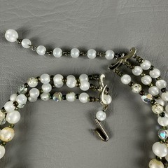 Vintage Beaded Necklace 3 Strand White Lucite AB Crystal Gold Fleck 15″