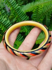Vintage Art Deco Celluloid Bracelet Bangle Candy Striped Carved A Real Find!