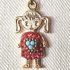Small Girl With Red Crystals Blue Stones Pendant Necklace Gold Tone Chain 16.5″