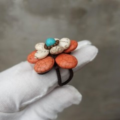 Bohemian Chunky Ring 3d Flower White Turquoise & Orange Gemstone Natural New