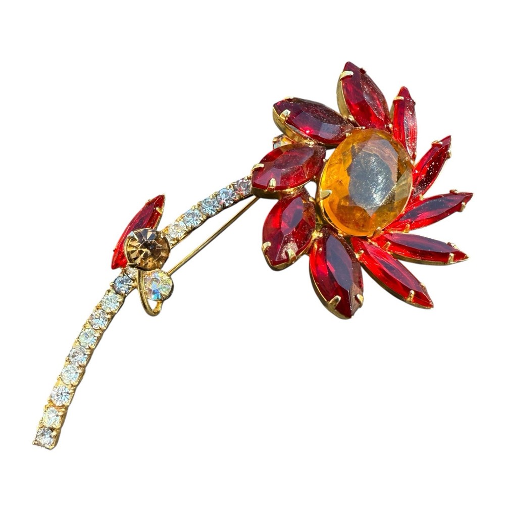 BOOK PIECE ‘Juliana’ D&E Red Orange Flower Brooch w/ Stem #3844 HTF Design