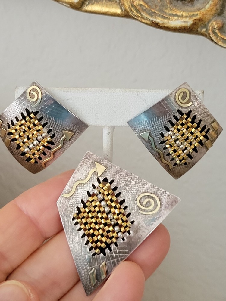 VTG SHARON M. DONOVAN MICHIGAN EARRINGS & PIN 14KT GOLD STERLING AWESOME DESIGN