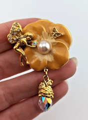Kirks Folly Pansy Flower Brooch peach & AB crystals fairy angel pin goldtone B6