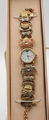 Vintage RARE HTF Signed Goldtone Kirks Folly Enameled Tea Party Watch w/Box 8″
